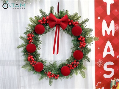 Vòng nguyệt quế Noel Châu nhung nơ đỏ ĐK 50cm VNGQ-X-39